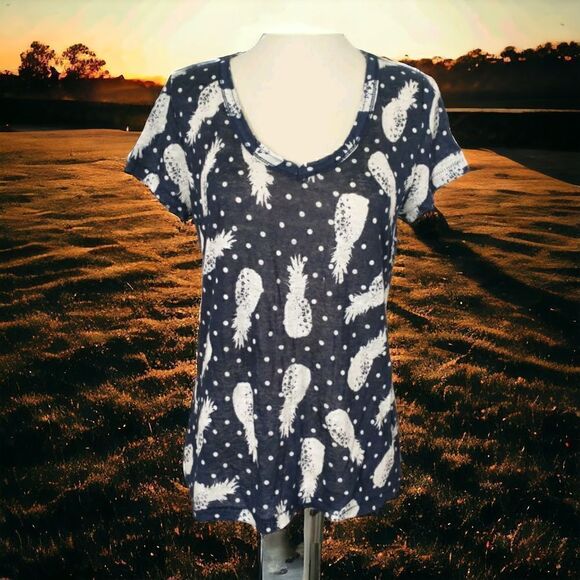 Linen Pineapple Top T Shirt Pullover Small Raw Neckline Navy Blue White Novelty. - Picture 12 of 14